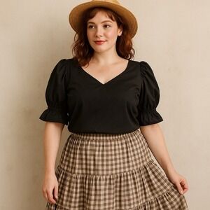 Call It Fancy Black Puff Sleeve Blouse Top Women's 16 V Neck Cottagecore Chic